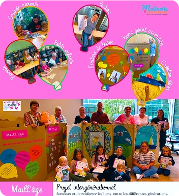 Groupe d'enfants accompagnés du grand-parent illustrant le projet intergénérationnel mis en place par le secteur Famille du centre social